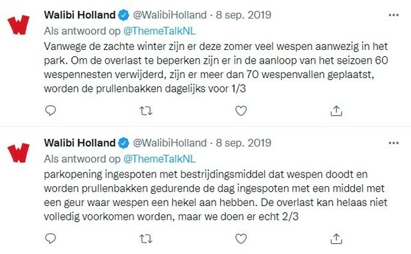 Berichten van Walibi Holland op Twitter over de bestrijding van wespen