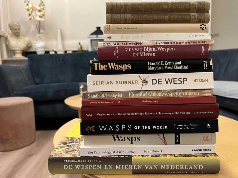 Een stapel van ongeveer vijftien boeken over wespen, met onderop een groot boek: De wespen en mieren van Nederland, en verder opvallend zichtbaar het boek 'De wesp' van Seirian Sumner.