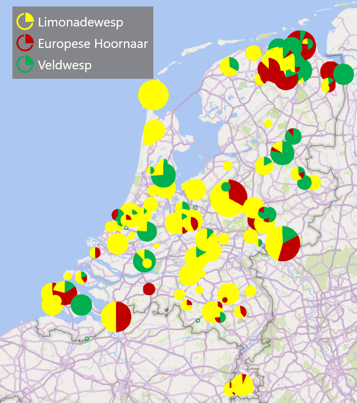 Kaartje van Nederland met daarop cirkels op verschillende plekken. De cirkels geven de verdeling van de soorten wespen aan die geteld zijn. Sommige cirkels zijn helemaal geel, wat betekent dat daar alleen limonadewespen geteld zijn, andere hebben een deel groen, wat het aandeel van de Franse veldwesp weergeeft, en andere hebben rood voor de Europese hoornaar naast het geel. Enkele hebben alle drie de kleuren, of juist groen en rood.