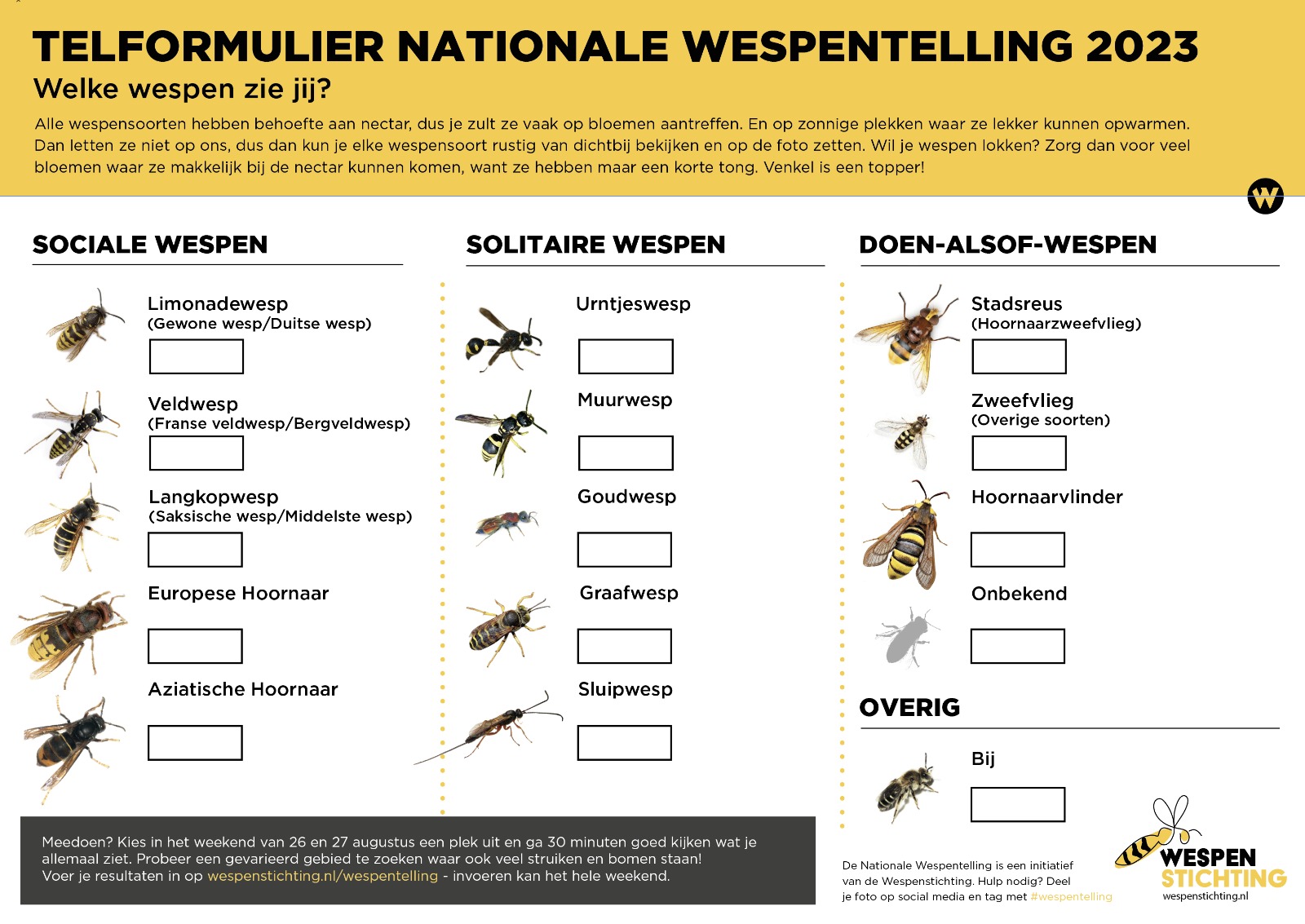 Het telformulier van de Nationale wespentelling 2023, met daarop Sociale wespen, solitaire wespen, 'doen-alsof-wespen' en de bij. Met naast elke vermelde soort (5 sociale wespensoorten, 5 solitaire wespensoorten, 3 doen-alsof-wespen plus 1 'onbekend') een vakje om de telling bij te houden.