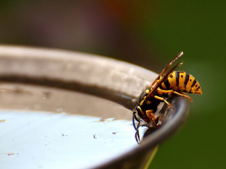 Wesp drinkt uit een bak met water in een tuin.